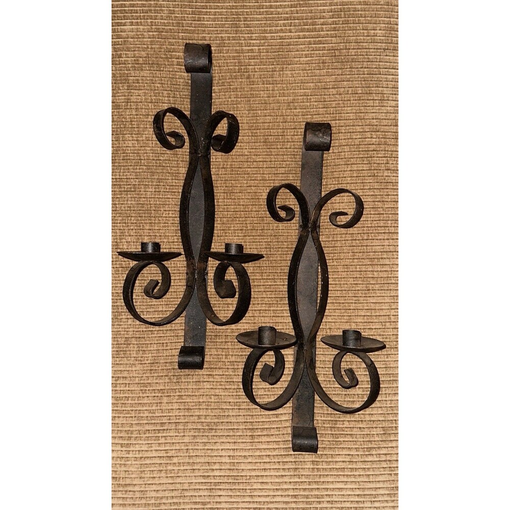 2pc Retro Vintage 1970s Mediterranean Spanish Revival Wrought Iron Candleholders